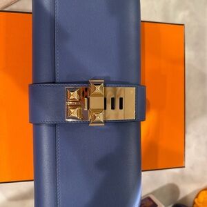 Hermes Blue Leather Clutch with Gold Pyramid Stud Lock